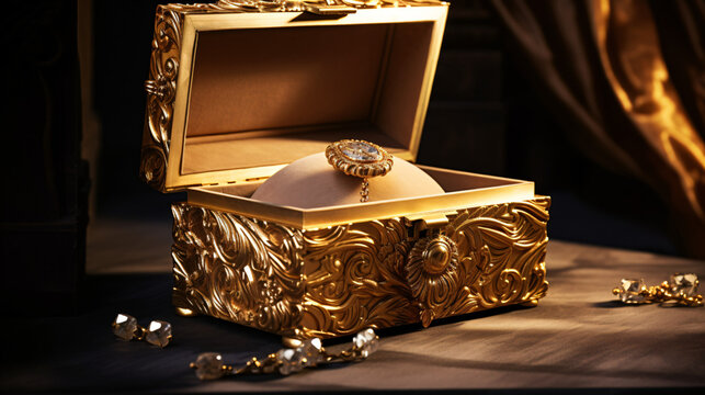 Gold jewelry box with a gold necklace in the jewellery box.