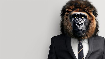 a lion gorilla a suit with a tie on a plain white background on the left side of the image and the right side blank for text
