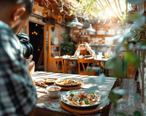 Food photographer taking photos of food in plates for delivery application in restaurant. Sun rays light outside in the garden.