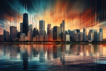Fototapeta premium Investing and real estate market crash concept with falling down digital financial chart candlestick and graphs with data indicators on city modern business centers background