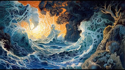 A vivid, fantasy-style illustration depicting an ocean wavescape with swirling patterns and a radiant sun, energy flow