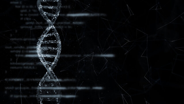 Blurry text writing on science screen with dna chain illustration.