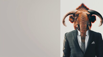 a mammoth wearing a suit with a tie on a plain white background on the left side of the image and the right side blank for text,