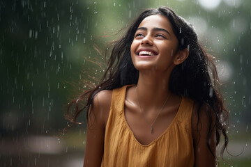 Portrait of a smiling young woman of Indian ethnicity getting wet in the rain - obrazy, fototapety, plakaty