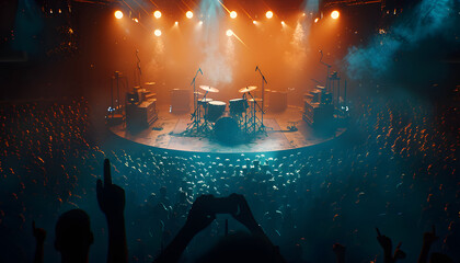 Crowd at a concert on the stadium, summer music festival, Group of silhouettes, Raised hands during a illuminated music show