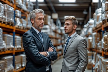 Serious mature businessman with arms crossed looking at colleague standing in warehouse