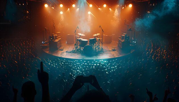 Crowd at a concert on the stadium, summer music festival, Group of silhouettes, Raised hands during a illuminated music show
