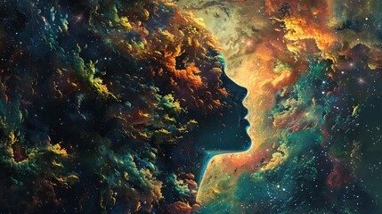 Fototapeta na wymiar A striking profile of a human head blending seamlessly into a vibrant, star-filled nebula, symbolizing the universe within us, psychedelic therapy.