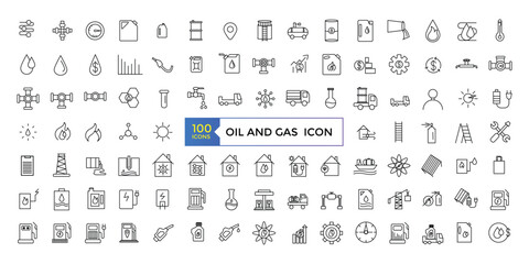 Naklejka na ściany i meble Oil and Gas Related Vector Line Icons. Contains such Icons as Fuel Truck, Gas Station, Oil Factory, Transportation and more. Editable Stroke.