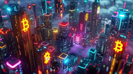 Futuristic cityscape with Bitcoin symbols illuminated in neon