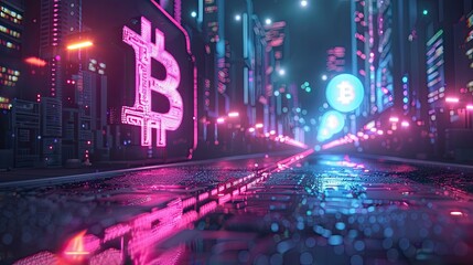 Fototapeta premium Neon Bitcoin sign illuminating a futuristic city street