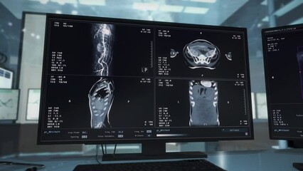 Using medical scanner system during the clinical therapy. Medical scanner analysing the patients body on a therapy. Medical scanner inspecting the chest organs. Recovery therapy. Examination - Powered by Adobe