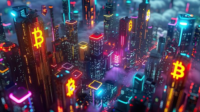 Futuristic cityscape with Bitcoin symbols illuminated in neon