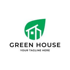 Green house logo design vector illustration. eco green home farm plant cultivation logo design