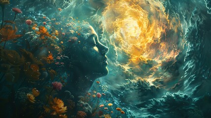 Surreal digital art merging a woman's silhouette with vibrant floral elements and a cosmic energy swirl in a dynamic, natural scene. psychedelic therapy.