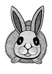 Illustration of a rabbit. Stylization. Black outline and texture in black dots of different tones. Different shades of gray. Big black eyes. Rabbit looks into the facade. Isolated on white background.