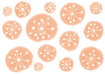 Abstract background of decorative elements on white. Circles of different sizes are peach fuzz. White dot in the center of each element. It has many thin lines that also end with a dot. Flower, fluff.