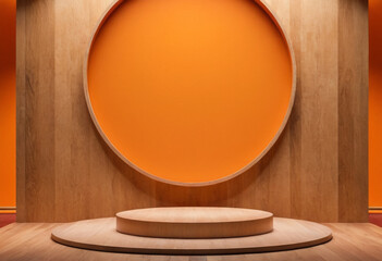 Wooden podium Orange color background Generative AI