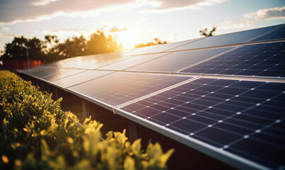 Solar panels sustainable electrical power plant with rows of solar photovoltaic panels for producing clean electric energy, renewable electricity with zero emission, alternative source of electricity.