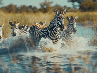 Fototapeta na wymiar A small herd of zebras running in the water of the river