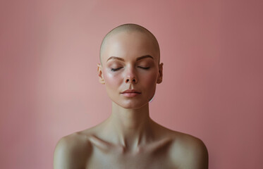 Retrato de Mujer Calva con ojos cerrados y expresión serena sobre fondo rosa. - obrazy, fototapety, plakaty
