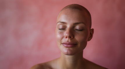 Retrato de Mujer Calva con ojos cerrados y expresión serena sobre fondo rosa. - obrazy, fototapety, plakaty
