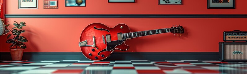 Fototapeta premium retro-themed invitation for a rock n roll music party with a 1950s vibe. Use red, black, and white colors to create a vintage look. Incorporate a guitar or jukebox