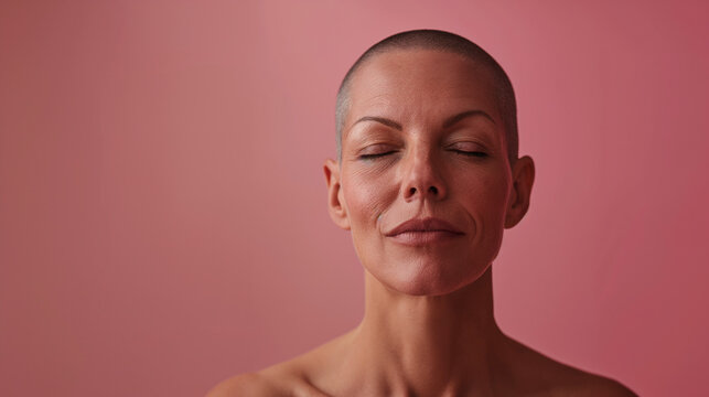 Retrato de Mujer Calva con ojos cerrados y expresi&oacute;n serena sobre fondo rosa.