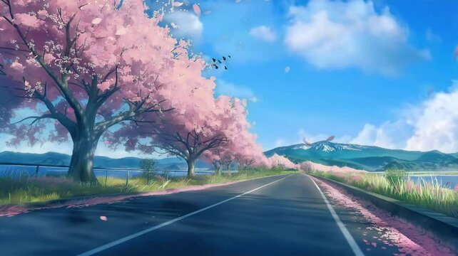 Cherry blossoms line the beautiful street, seamless looping time-lapse animation video background by AI.