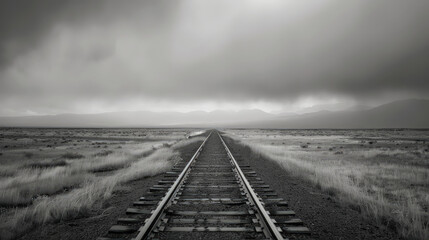 Monochromatic photo of a train track cutting through the landscape, disappearing into the distance - obrazy, fototapety, plakaty