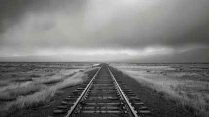 Foto op Canvas Monochromatic photo of a train track cutting through the landscape, disappearing into the distance © sommersby