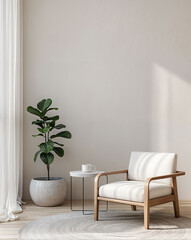 A white armchair, a coffee table, a potted plant, and a round rug occupy the room. The room is sparsely decorated, with a minimalist aesthetic. 3D illustrator