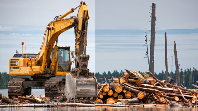 Two images capturing a bulldozer moving and stacking logs in a construction or forestry setting
