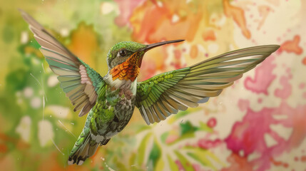 Obraz premium A hummingbird soars through the air, wings spread wide in elegant flight