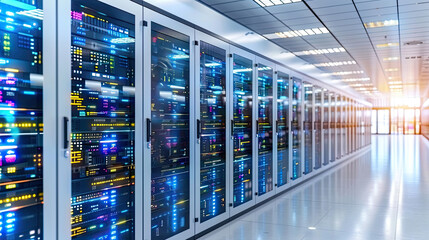 Multiple rows of servers neatly arranged in a vast data center, showing the scale and complexity of modern digital infrastructure