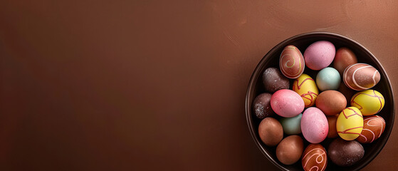Easter wallpaper with colorful chocolate eggs on a brown background with copy space