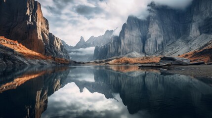 Peaceful scenery of lake and cliffs landscape - obrazy, fototapety, plakaty