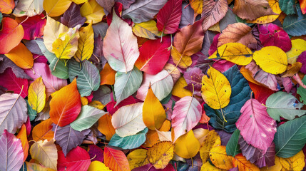 A collection of vibrant and varied leaves scattered on the ground, creating a mosaic of color on the forest floor