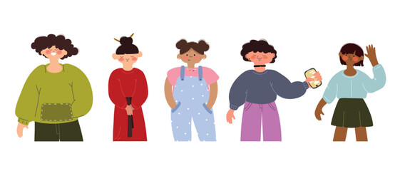 Five girls of different races and nationalities on white background.