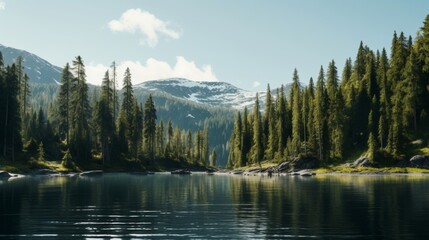 Tranquil lake with pine trees in mountain landscape