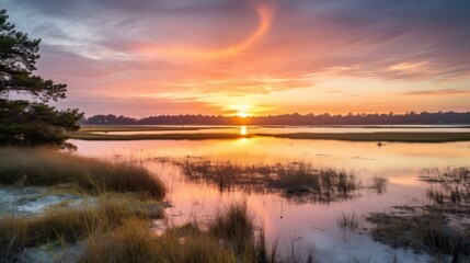 Tranquil coastal marsh with sunlight and reflections at dawn