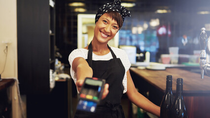 Charismatic smiling black business owner requesting payment