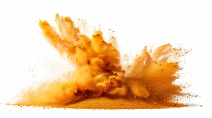 Golden sand explosion isolated on white background.