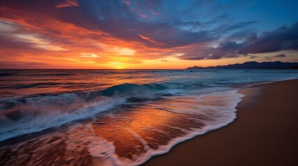 Fototapeta na wymiar A vibrant coastal sunset over a sandy beach