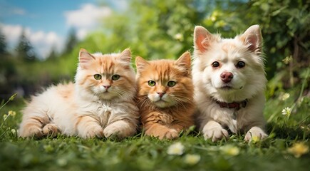 Two cat and a dog sitting in the grass facing the camera, Pet posing in green grass, Cute domestic animals In green Grass Background, AI generated
