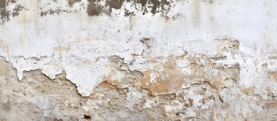 Obraz premium An old white wall showing signs of wear and tear, with patches of chipped paint revealing layers of history and character.