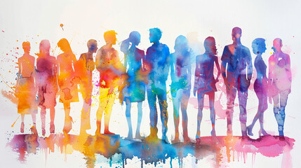 Abstract colorful art watercolor painting group of people standing next to each other