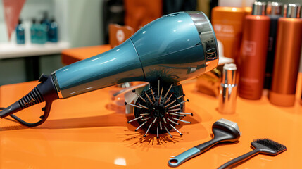 Blue hair dryer with extensions placed on orange sur - obrazy, fototapety, plakaty