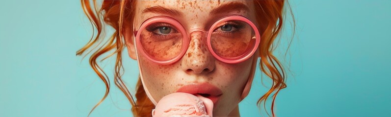 portrait of a strong and feminine red head young woman, early 30s, freckle, licking a huge ice cream cone, wearing neon goggles - obrazy, fototapety, plakaty