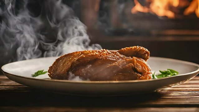 roasted chicken served with a mouthwatering gravy, Closeup of a pan filled with sizzling organic chicken, chicken broast, made with Ai generative technology, stock video, food stock videos, 4k video